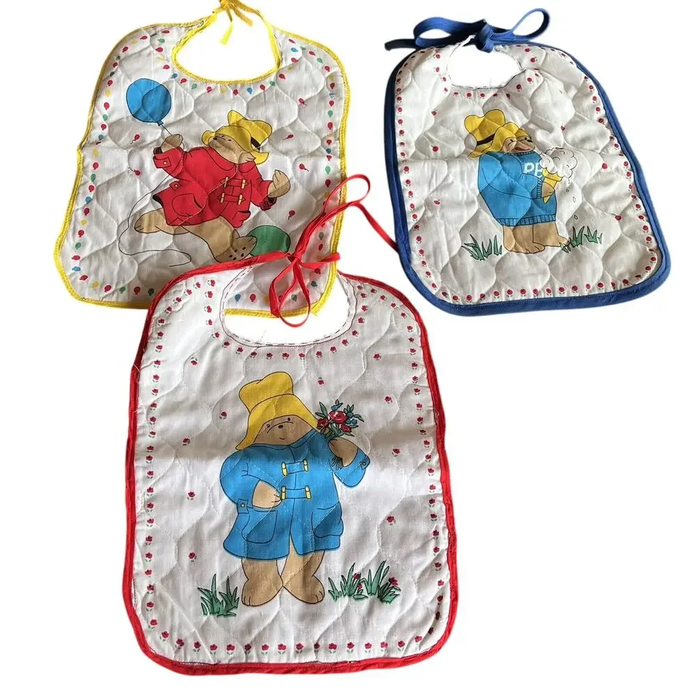 Paddington Bear Baby Bibs Quilted Tie Closure Lot Handmade 2 Unfinished Neckline